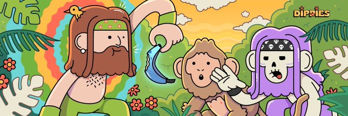 A colorful cartoon illustration depicting characters in a jungle setting, including a bearded man holding a fish, a monkey, and a purple-haired figure, branded with the logo 'DIP&PIES' in the top right corner.