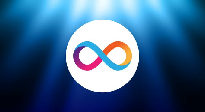 The image features a large graphic design with an "infinity" symbol at its center. The background of the image is blue, which appears to be illuminated by bright lights. The text accompanying the image reads: "I've said this over and over. $icp 60 bucks, 80 bucks is possible too."