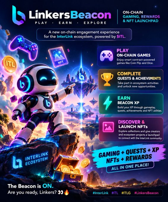 A promotional graphic for 'LinkersBeacon' advertises an on-chain engagement experience featuring PLAY, EARN, EXPLORE with gaming, quests, XP, NFTs, and rewards in the InterLink ecosystem.