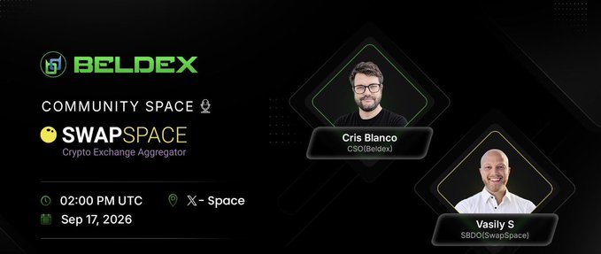 A promotional graphic for a BELDEX community space event featuring Cris Blanco (CSO) and Vasily S (SBDO), scheduled for Sep 17, 2026 at 02:00 PM UTC on X-Space.