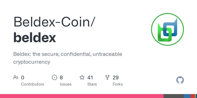 A GitHub repository page for 'Beldex-Coin/beldex' described as 'the secure, confidential, untraceable cryptocurrency', showing 0 contributors, 8 issues, 41 stars, and 29 forks.