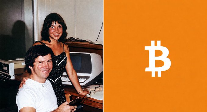 A split image: the left side shows a vintage photo of a smiling couple posing near an early computer, while the right side displays the Bitcoin logo on an orange background.