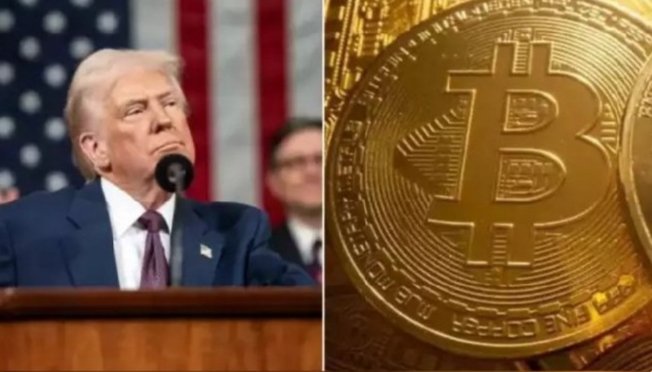 The image features two photos side by side with a man speaking into a microphone, one of which shows him wearing a suit and tie while holding a gold coin. The other photo displays a gold Bitcoin coin. Both images are related to President Trump's recent speech about the clarity of the CLARITY Act, which is expected to be signed soon.