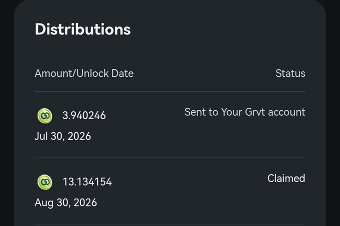 A dark-themed "Distributions" screen showing token unlock statuses, including 3.940246 sent on Jul 30, 2026, and 13.134154 claimed on Aug 30, 2026.