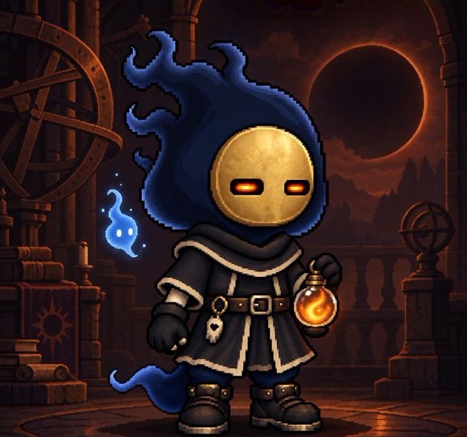 A pixel-art hooded figure with a glowing golden mask holds a lantern of fire alongside a small blue ghost companion, set against an ominous backdrop of an armillary sphere and eclipsed moon—evoking the "Cifer Ghost" mystery teased in the post.