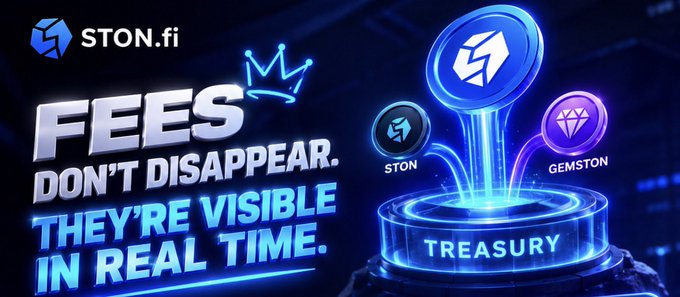 A promotional banner for STON.fi with the text 'FEES DON'T DISAPPEAR. THEY'RE VISIBLE IN REAL TIME.' featuring STON and GEMSTON coin graphics above a 'TREASURY' platform.