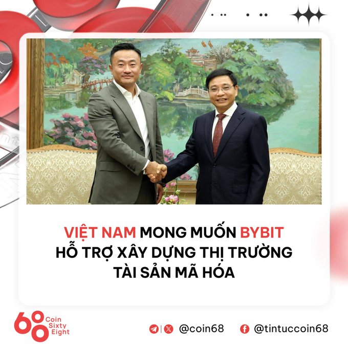 The image features two men shaking hands, with a painting of a river and trees behind them as a backdrop. The text in the image reads "Viet Nam Nguyễn Văn Thắng đã vừa có buổi làm việc với CEO Bybit Ben Zhou đân bánh tính trường crypto hợp pháp tại Việt Nam.