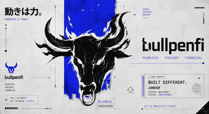 A graphic design layout features a black bull skull over a blue painted stripe with the text "bullpenfi", "動きは力。", "MOMENTUM IS POWER", and "FEARLESS. FOCUSED. FINANCIAL."