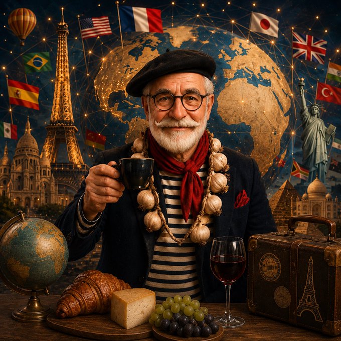 An AI-generated illustration of a French-style older man with a beret, glasses, and garlic necklace holding a wine glass, set against a backdrop of world flags and landmarks.