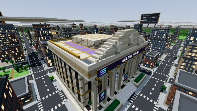A voxel/blocky-style 3D cityscape featuring a central building labeled 'SOLANA HOUSE' with surrounding skyscrapers and a billboard reading 'SOLANA IS A WINNER'.