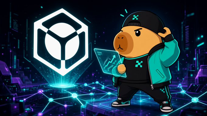 A stylish cartoon capybara character in a green jacket and black cap holds a holographic tablet displaying a stock chart, with a glowing crypto logo behind it.