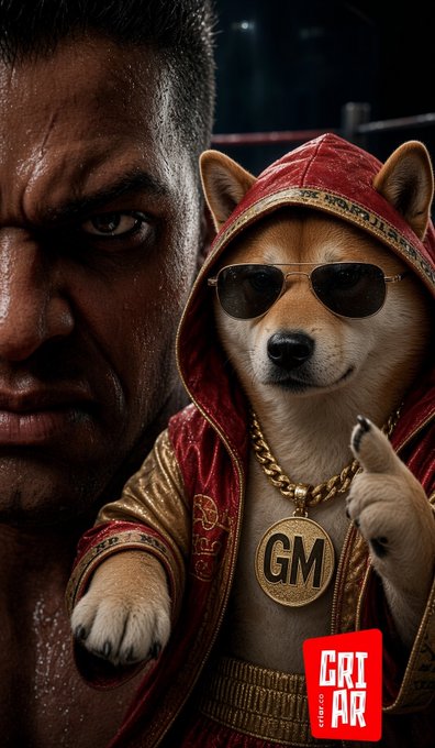 A boxing-style poster featuring a Shiba Inu dog wearing sunglasses, a red hooded robe, and a gold 'GM' chain, with 'GRIAR' branding.