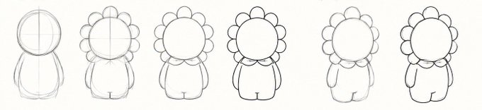A step-by-step tutorial showing the progression of drawing a cute, round character with a scalloped flower-like headpiece, starting from basic guidelines and building up to the final clean outline. The image appears to be a "before" sketch, relating to the post's reference to "touch grass" by depicting a whimsical, grass-like floral character emerging into existence.