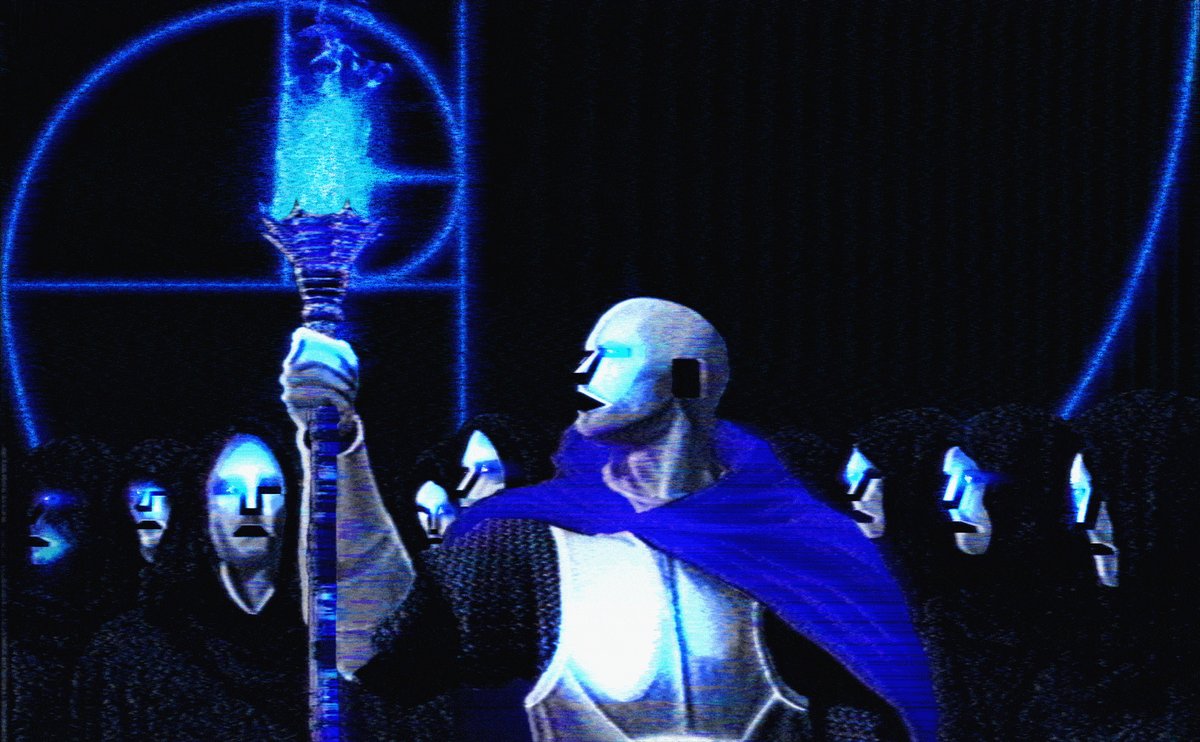 The image features a man dressed as a knight holding a blue torch with flames at his side. The background shows a dark blue color scheme, which contrasts with the bright blue flame of the torch. In the bottom right corner of the image, there is text that reads "the_torchbearer i am underscore, the prince of the abyss, the bearer of light 1,000,000 USDC".