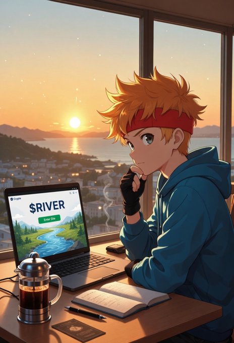 An anime-style illustration of an orange-haired character wearing a blue hoodie and red headband, sitting at a desk with a laptop displaying "$RIVER" and an "Enter Site" button, looking out at a sunset over a coastal town.