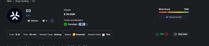 Dark-themed dashboard interface showing a project named "D3" with $30.00M raised, a Mom Score of 1290, and an Airdrop reward type flagged as Potential.