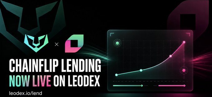 A promotional banner reading 'CHAINFLIP LENDING NOW LIVE ON LEODEX' with the URL 'leodex.io/lend', featuring logos and an upward-trending chart graphic.
