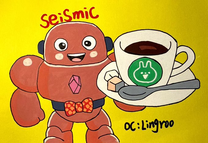 A cheerful Seismic robot wearing a red polka-dot bow tie holds a steaming cup of coffee on a saucer with a spoon, set against a bright yellow background with "Seismic" written at the top and "OC: Lingroo" credited at the bottom. The illustration represents the Seismic project's focus on privacy through zero-knowledge proofs and confidential computing, with the warm coffee symbolizing the comfort and reliability of their data protection services.