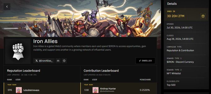A screenshot of the Iron Allies Web3 community dashboard displaying an enrollment countdown of "3D 20H 27M" remaining, along with reputation and contribution leaderboards showing top users like "lubobetterwatts" with a rank of 595 and "Airdrop Hunter" at 0.2530% mindshare. The image visually reinforces the post's message about Iron Allies' flexible contribution system, highlighting how members can engage through multiple roles (reputation-based and NFT-based) rather than being confined to a single status.