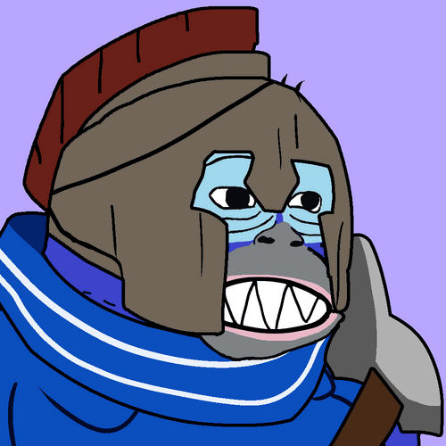 A digital illustration depicts a cartoon gorilla wearing a Roman-style helmet with a red crest, a blue and white tunic, and holding an axe against a light purple background.