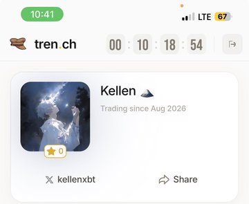 Mobile phone screenshot showing a countdown timer at 'tren.ch' for a profile named 'Kellen' (@kellenxbt), noted as 'Trading since Aug 2026'.