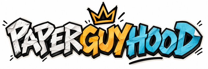 A graffiti-style logo reading 'PAPERGYHOOD' with a gold crown above it, featuring white, yellow, and blue lettering with a crumpled paper texture effect.
