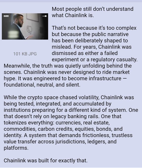 Article excerpt with text discussing Chainlink, stating 'Most people still don't understand what Chainlink is' and describing it as foundational infrastructure rather than hype.
