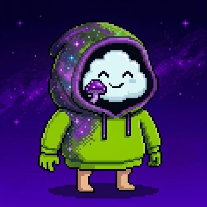 A pixel-art character in a galaxy-patterned green hoodie holds a small purple mushroom, standing against a starry purple background.