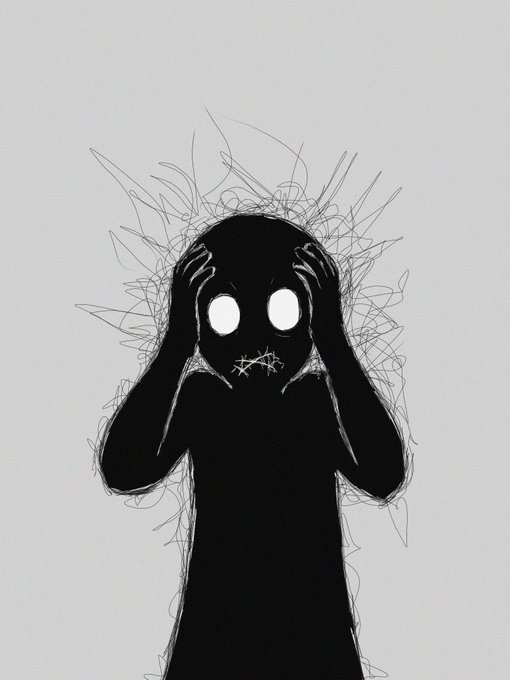 A black silhouette illustration of a figure clutching its head with empty white eyes and a stitched mouth, surrounded by chaotic, spiky scribbled lines conveying anxiety or distress.