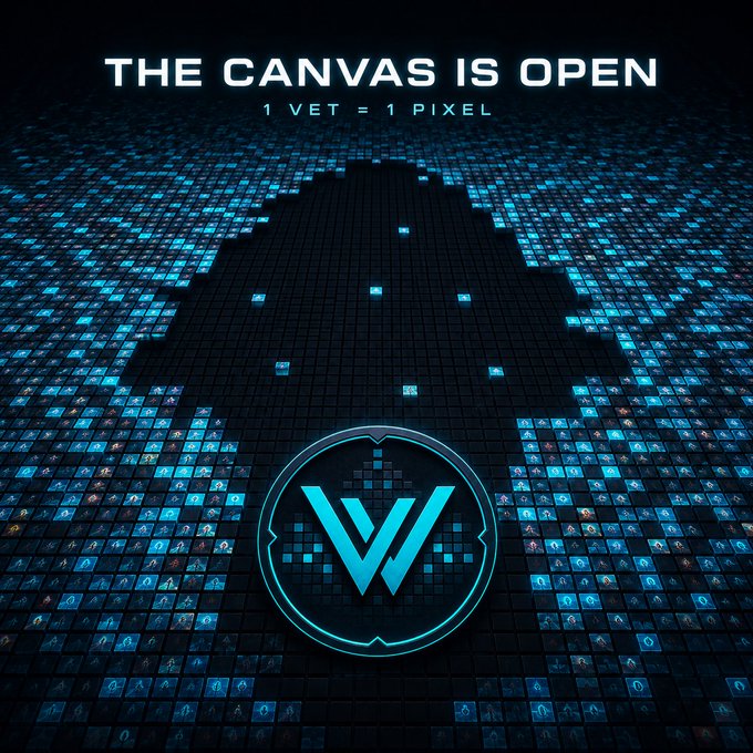 A digital graphic with the text 'THE CANVAS IS OPEN' and '1 VET = 1 PIXEL', showing a pixelated Vortex logo made of small images.