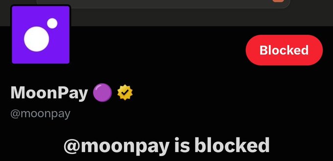 The image shows a social media profile for "MoonPay (@moonpay)" with a "Blocked" button and the message "@moonpay is blocked." This visually represents the post's sentiment, as the user has blocked MoonPay's account in apparent frustration with the company's promotional outreach.