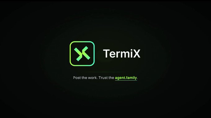 A dark screen displaying the 'Termix' logo with the tagline 'Post the work. Trust the agent.family.'