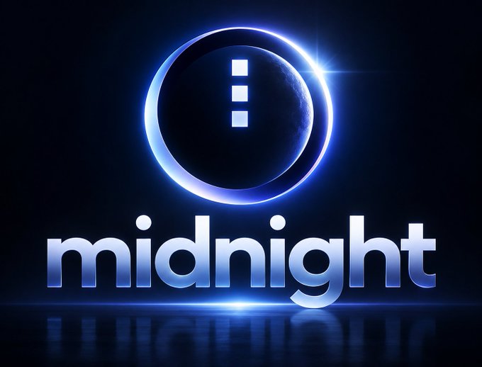 A glowing blue moon emblem with an exclamation mark sits above the word "midnight" in metallic lettering against a dark background. The celestial "midnight" branding visually reinforces the post's theme of a late-stage countdown to mainnet deployment of Private Smart Contracts.