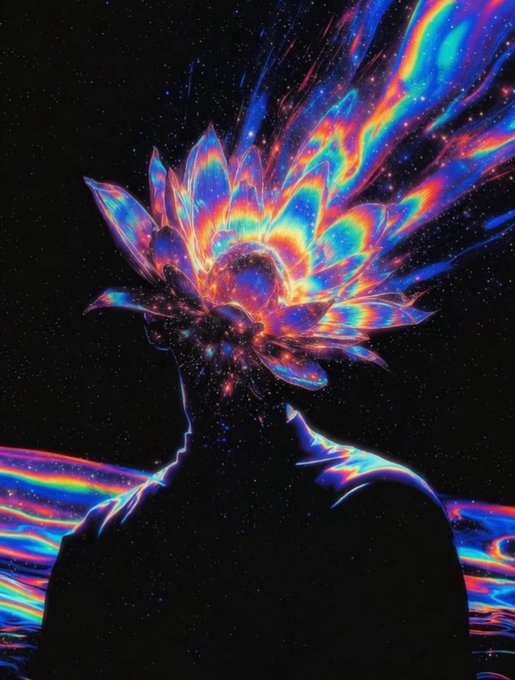 A psychedelic digital artwork depicts a silhouetted figure whose head blooms into a rainbow-colored cosmic flower against a starry background.