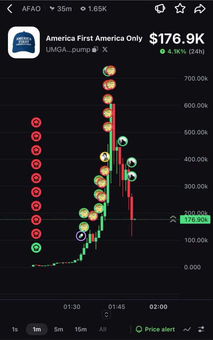 A cryptocurrency price chart for 'America First America Only' (AFAO) token on pump.fun showing a price of $176.9K with a 4.1K% (24h) increase.