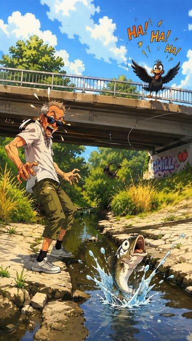 An anime-style illustration shows an older man with sunglasses fishing, reacting in shock as a fish leaps from the stream, while a cartoon crow on a bridge above laughs 'HA! HA! HA!'