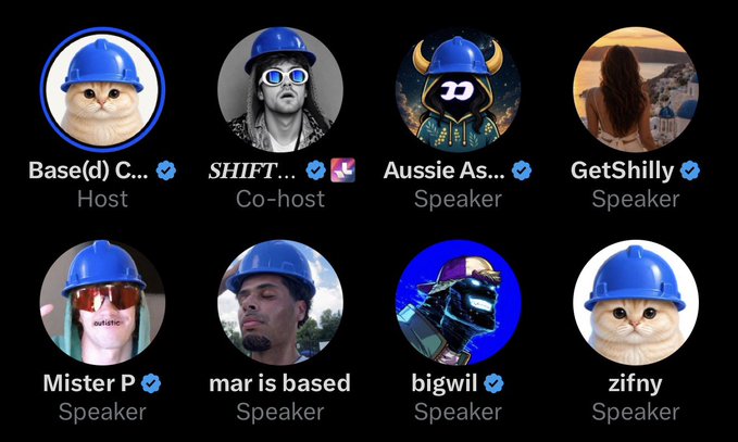 Twitter/X Space lineup displaying participants including Base(d) C... (Host), SHIFT... (Co-host), and speakers Aussie As..., GetShilly, Mister P, mar is based, bigwil, and zifny.