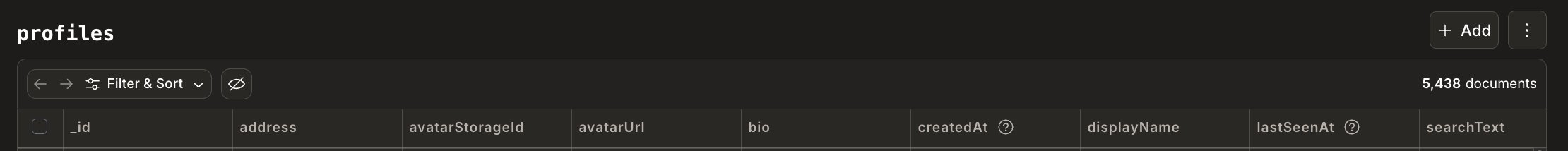 A database interface showing a "profiles" collection with 5,438 documents and columns including _id, address, avatarStorageId, avatarUrl, bio, createdAt, displayName, lastSeenAt, and searchText, which relates to the B20 token standard's metrics showing 5,400+ unique traders on the platform.