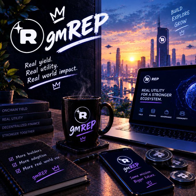 Branded “gmREP” promotional workspace scene with a mug, notebook, phone, coins, and laptop displaying “REAL UTILITY FOR A STRONGER ECOSYSTEM,” alongside phrases such as “Real yield. Real utility. Real world impact.”