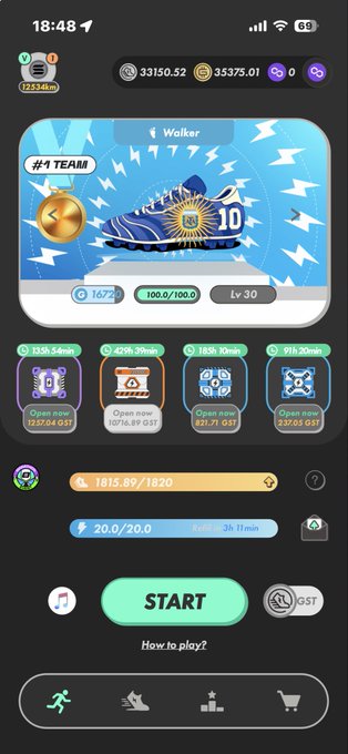The image shows a phone screen displaying an app icon with a blue background, featuring a pair of shoes and a sports ball. Below the main content area, there are several buttons that appear to be related to gameplay or navigation options within the app. The text on the screen reads "StepN Cool lol", which is likely a gaming-related feature or a part of an interactive game.