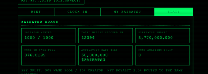 A neon green and black stats dashboard for the "Zaibatsu" NFT project shows that out of 1,000 minted tokens, 3,770,000,000 $ZAIBATSU have been burned on day one, visually supporting the claim that nearly 4% of the supply has already been destroyed.