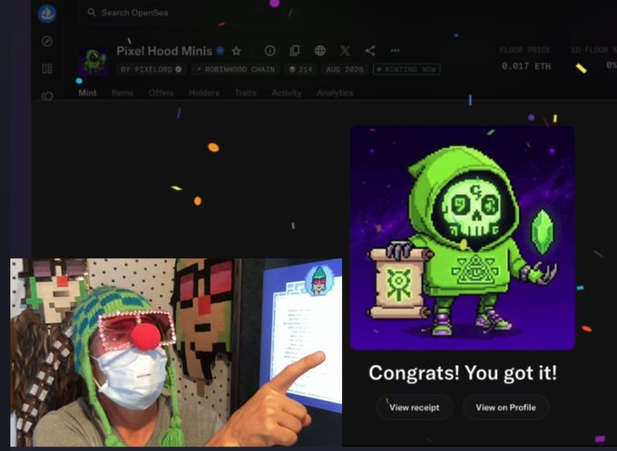 A screenshot of an OpenSea NFT marketplace page for 'Pixel Hood Minis' collection by PIXELORD, showing a green skull character with a Congrats message, alongside a person wearing a red clown nose and pixel-style sunglasses.