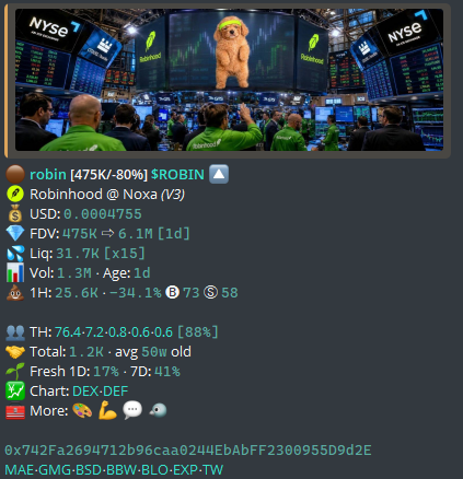 The image shows a screenshot of a meme token called "$ROBIN" (Robinhood @ Noxa V3) on a trading platform, displayed with a chaotic NYSE trading floor meme featuring a dancing figure, priced at $0.0004755 with FDV of 475K and 1H gain of 25.6%. The token details, including the contract address 0x742F...d9d2E matching the poster's wallet, support their bullish claim of DCAing into the token in anticipation of it smashing its all-time high.