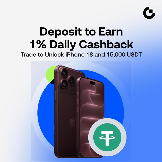 A promotional advertisement featuring two dark red/purple iPhones alongside a green Tether (USDT) logo, with text promoting "Deposit to Earn 1% Daily Cashback" and "Trade to Unlock iPhone 18 and 15,000 USDT" rewards from a crypto platform.