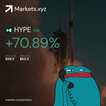 A meme-style image from Markets.xyz showcases the Hyperliquid "hype" character on a phone call in front of a rocket launch, celebrating a strong trade with the ticker **HYPE** showing a +70.89% gain from an entry price of $59.11 to a mark price of $63.30. The space/rocket theme visually reinforces the post's bullish sentiment, signaling the token is "launching" higher after holding a key support zone.