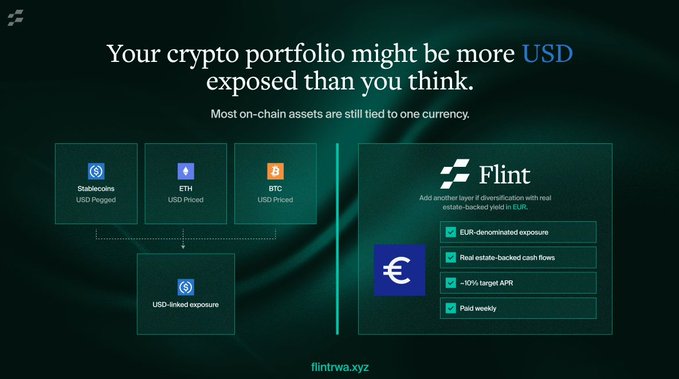 A Flint (flintrwa.xyz) promotional graphic highlighting the hidden USD exposure in crypto portfolios, contrasting stablecoins like USDC, ETH, and BTC—all USD-pegged or priced—against Flint's EUR-denominated, real estate-backed yield product offering ~10% target APR with weekly payouts.