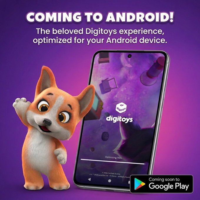 A promotional advertisement reads 'COMING TO ANDROID! The beloved Digitoys experience, optimized for your Android device' alongside a waving orange cartoon dog character and a smartphone displaying the Digitoys app, with a 'Coming soon to Google Play' badge.