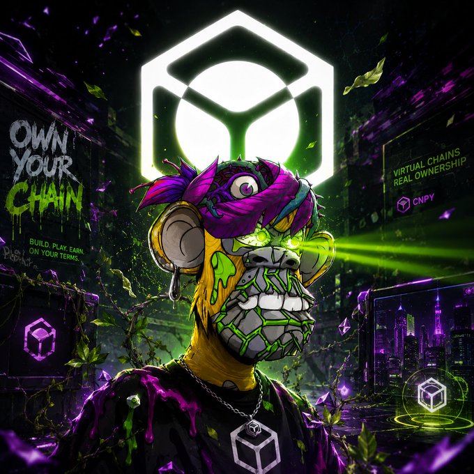 A vibrant NFT-style digital artwork of a zombie monkey character with purple hair and green glowing eyes, featuring "OWN YOUR CHAIN" text and the CNPY logo promoting virtual chains and real ownership.