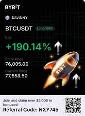Bybit referral/advertisement graphic for BTCUSDT Long 300x trade by "DAVINNY" showing +190.14% ROI, entry at 76,005.00 and mark at 77,558.50, with a QR code and referral code NXY745 offering bonuses over $5,000.