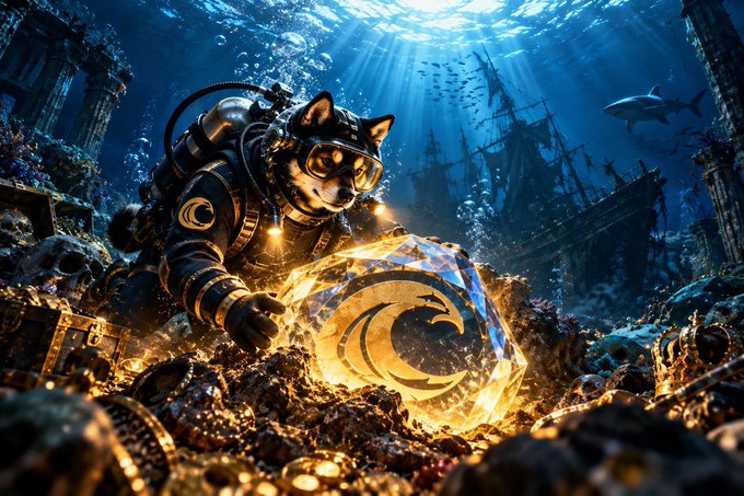 A digital artwork of a cat wearing a yellow and black diving suit and goggles, reaching for a glowing crystal in an underwater shipwreck setting.